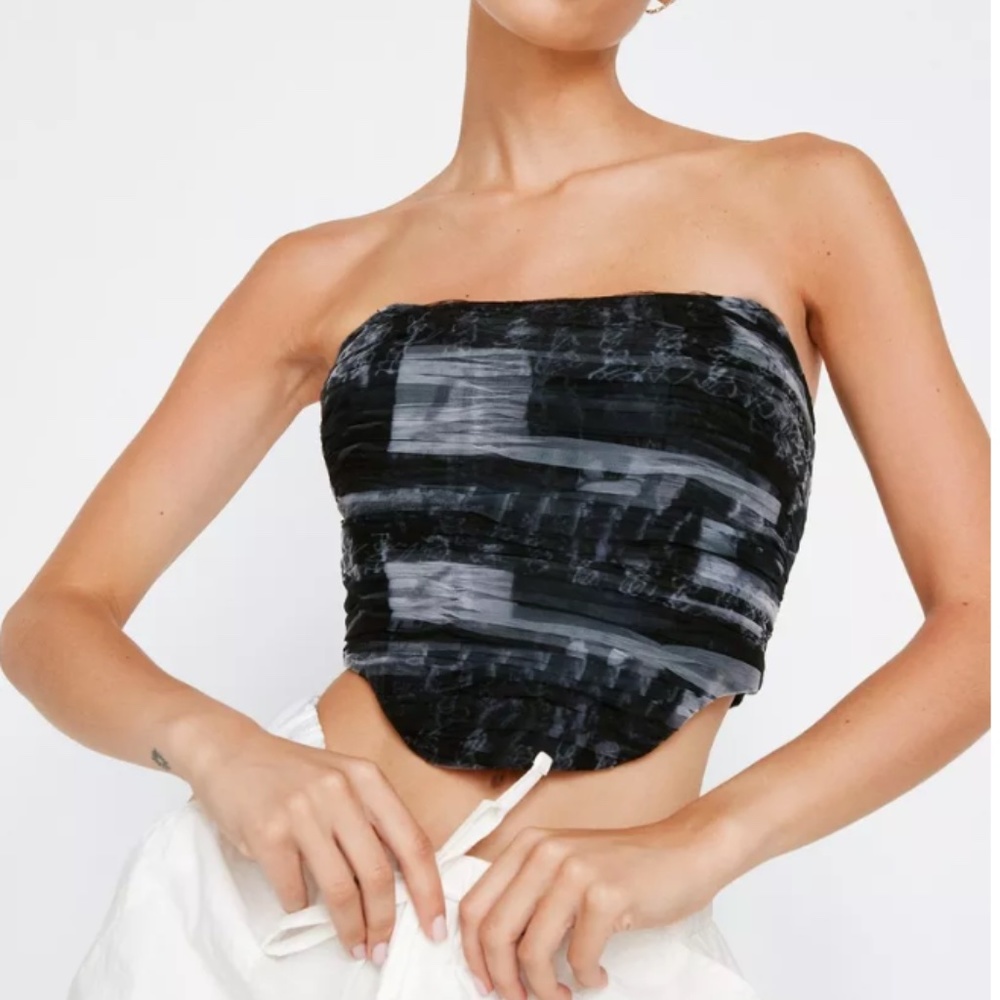 Nasty Gal Newspaper Print Tulle Corset Top UK Size 6 US Size 2